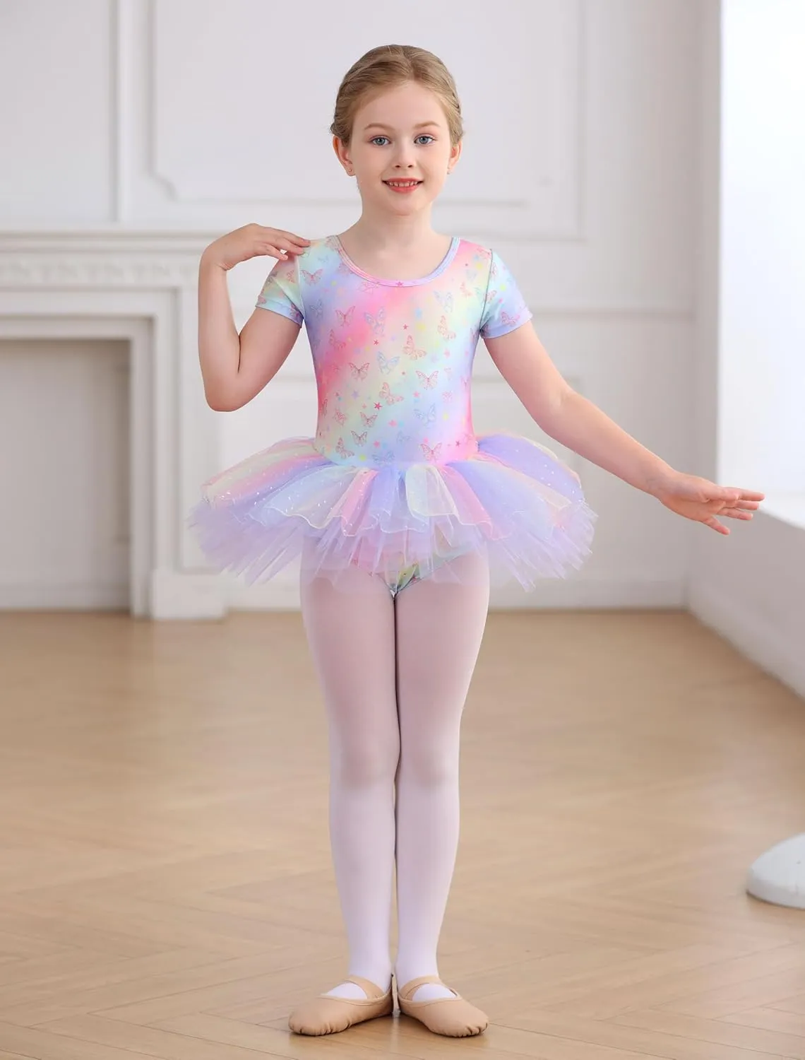 MdnMd Fly Short Sleeve Lace Dance Ballet Tutu Leotard Ballerina Outfit for Toddler Girls