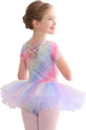MdnMd Fly Short Sleeve Lace Dance Ballet Tutu Leotard Ballerina Outfit for Toddler Girls