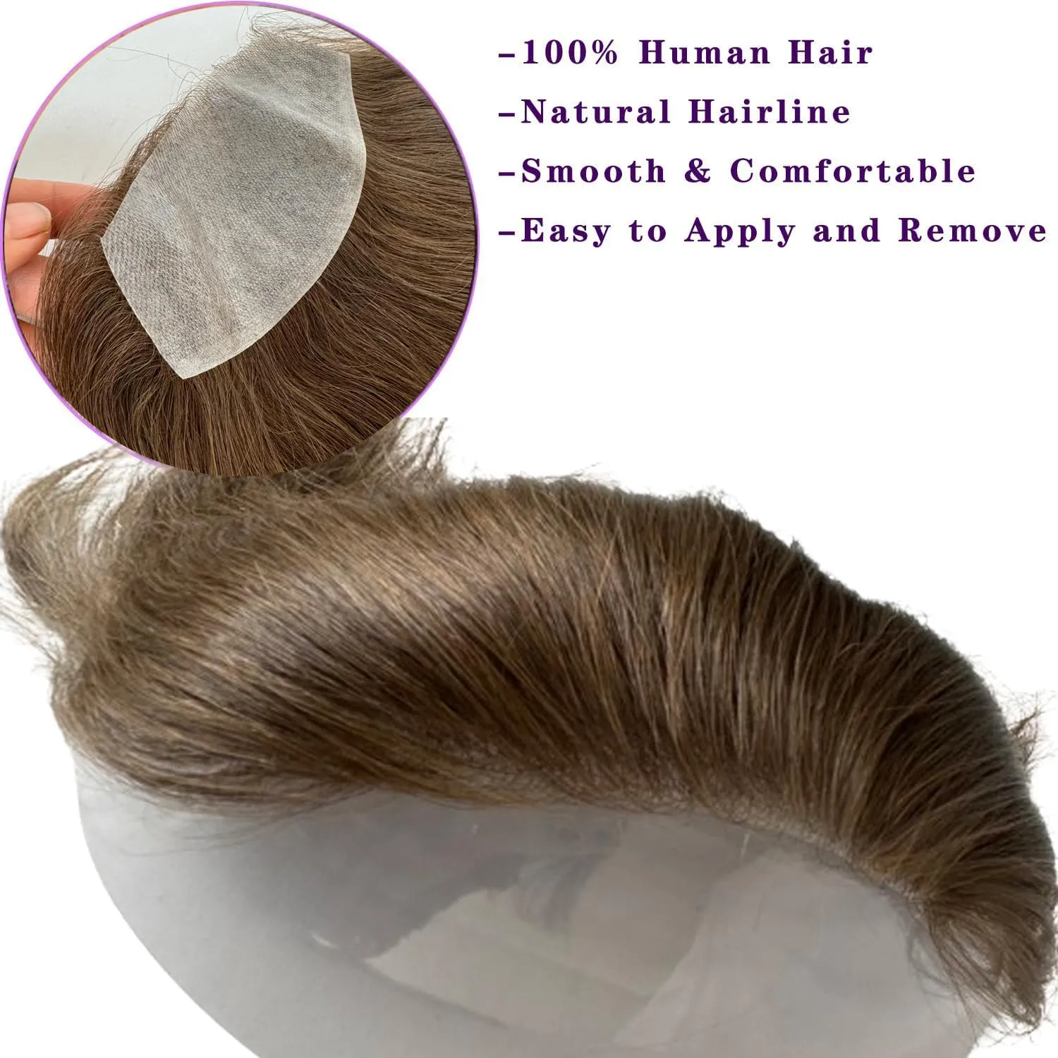Men Forehead Hairline Toupee 100% Human Hair Skin PU Man Hairpieces Frontal Hair Topper for Receding Natural Hairline Replacement Systems (2.75x6.29 Inch, #7 Light Brown Color)