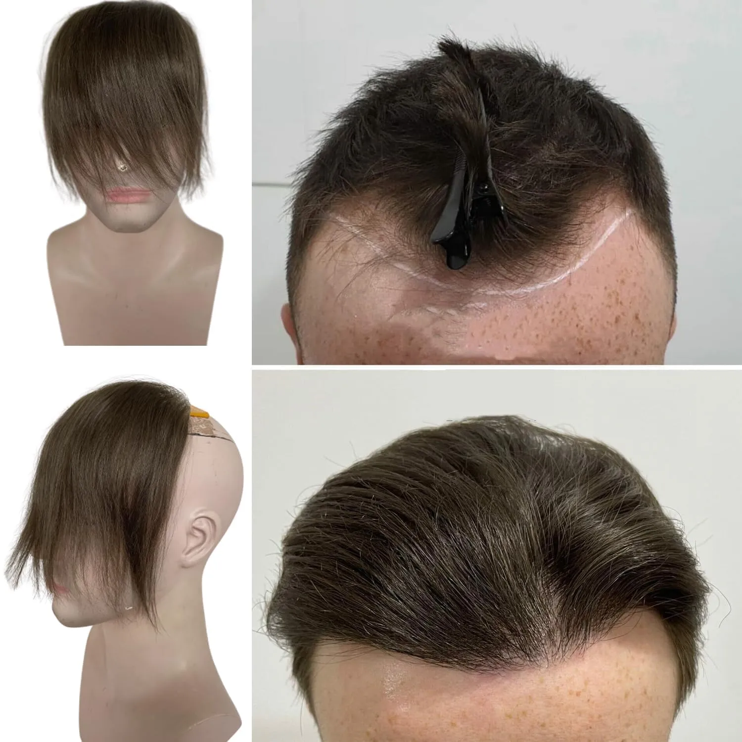 Men Forehead Hairline Toupee 100% Human Hair Skin PU Man Hairpieces Frontal Hair Topper for Receding Natural Hairline Replacement Systems (2.75x6.29 Inch, #7 Light Brown Color)