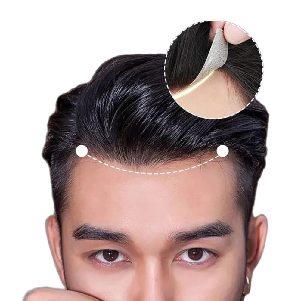 Men Forehead Hairline Toupee Real Human Hair Skin PU Man Hairpieces Hair Topper for Receding Natural Hairline Replacement System (#1b black color, 1.18x6.69 Inch)