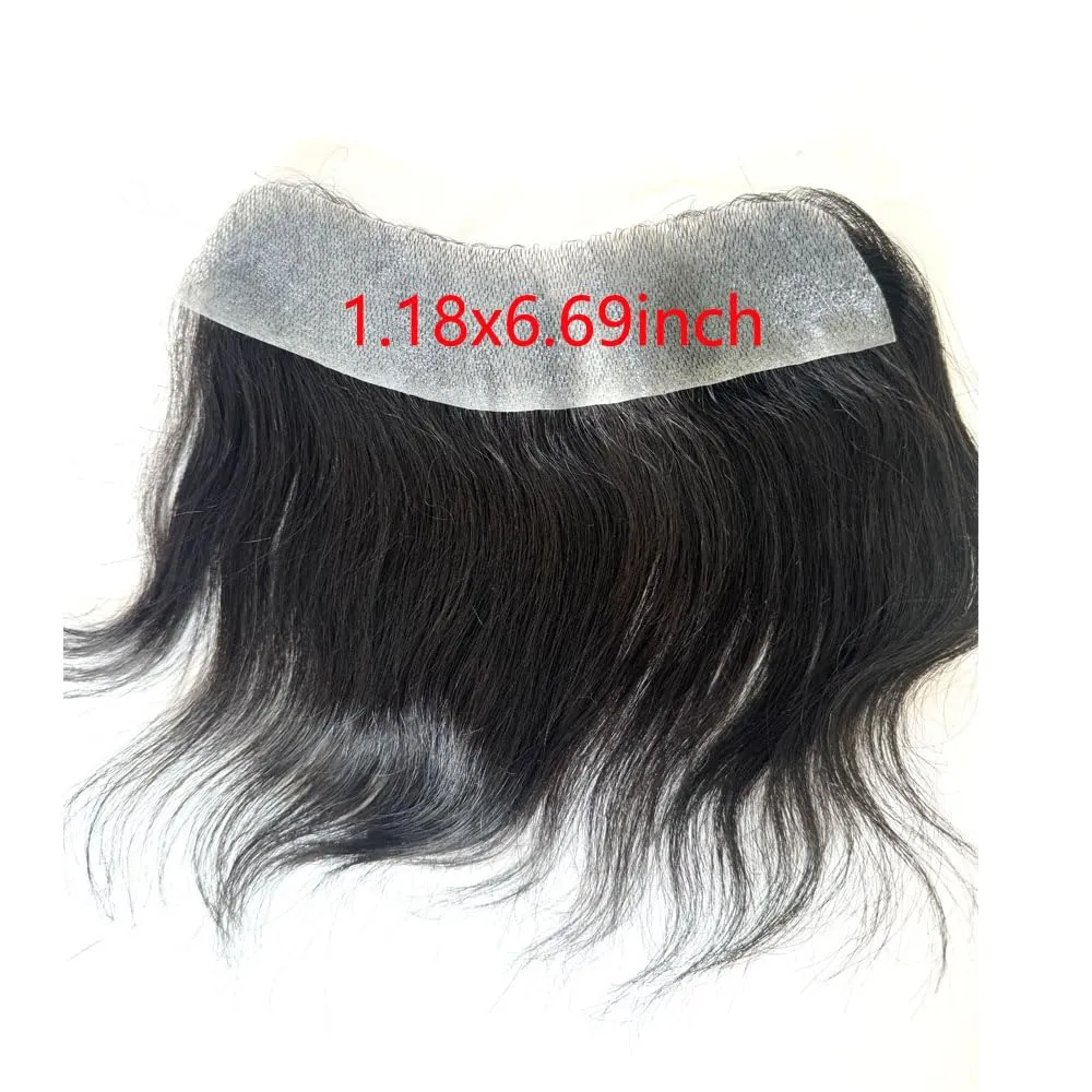 Men Forehead Hairline Toupee Real Human Hair Skin PU Man Hairpieces Hair Topper for Receding Natural Hairline Replacement System (#1b black color, 1.18x6.69 Inch)