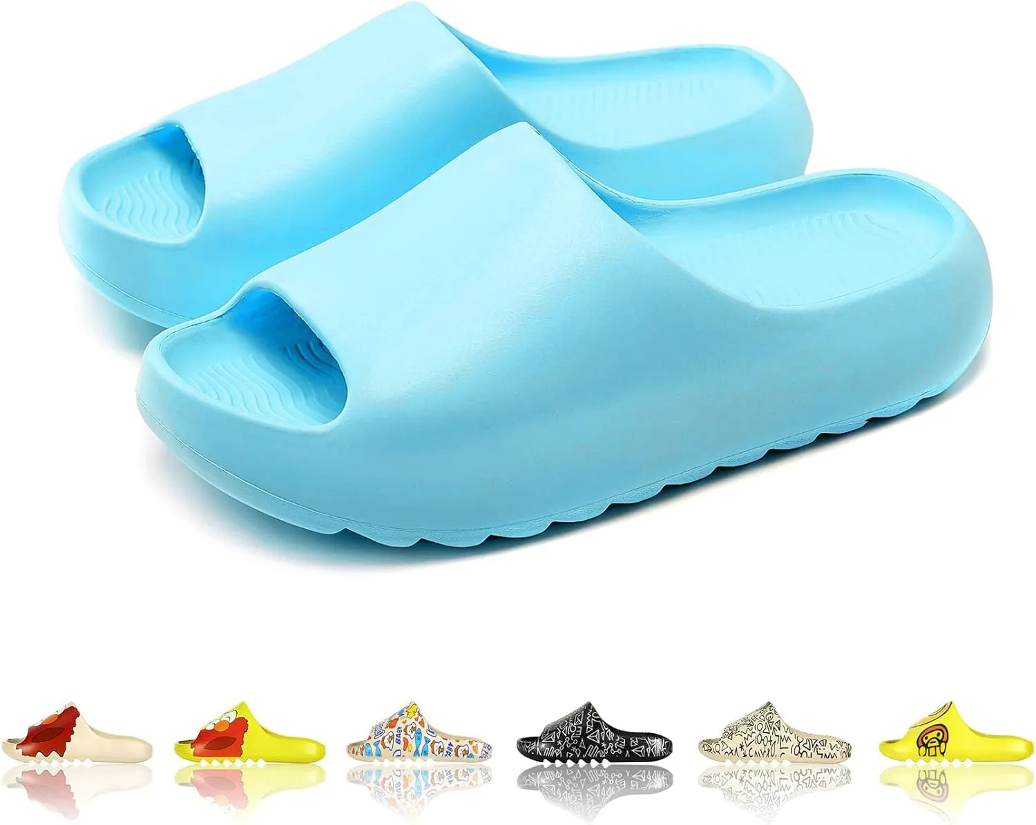 Men Women Cloud Cushion Slides EVA Pillow Slippers Cute Cartoon Print Non-Slip Shower Sandals Open Toe for Bathroom House Spa Gym Home Soft Comfy Shoes