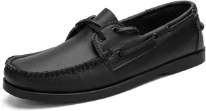 Men's Genuine Leather 2 Eye Flat Penny Loafers Oxford Breathable Slip On Closed Round Wide Toe Soft Sole Light Weight Boat Shoes Comfortable and Non-Slip Casual Driving Walking Shoes