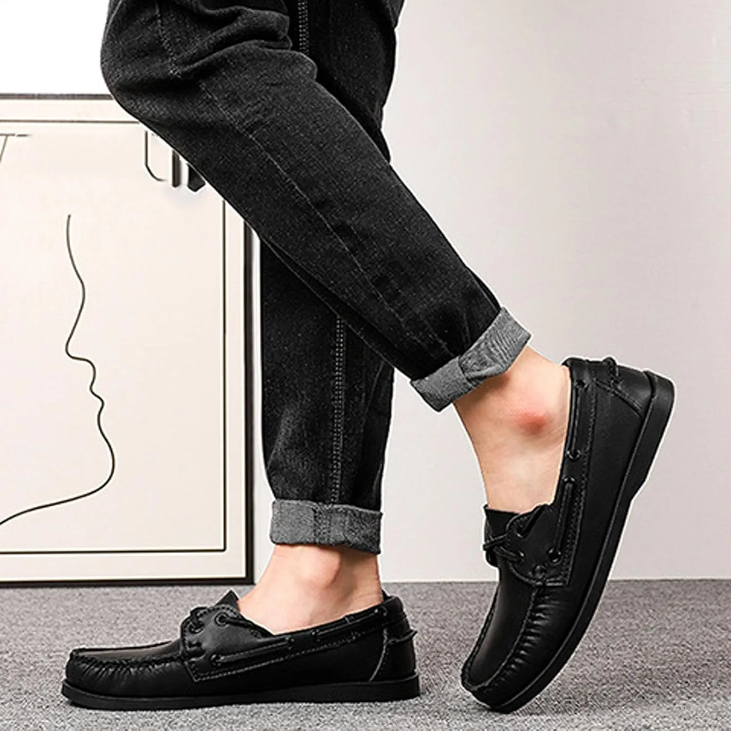 Men's Genuine Leather 2 Eye Flat Penny Loafers Oxford Breathable Slip On Closed Round Wide Toe Soft Sole Light Weight Boat Shoes Comfortable and Non-Slip Casual Driving Walking Shoes