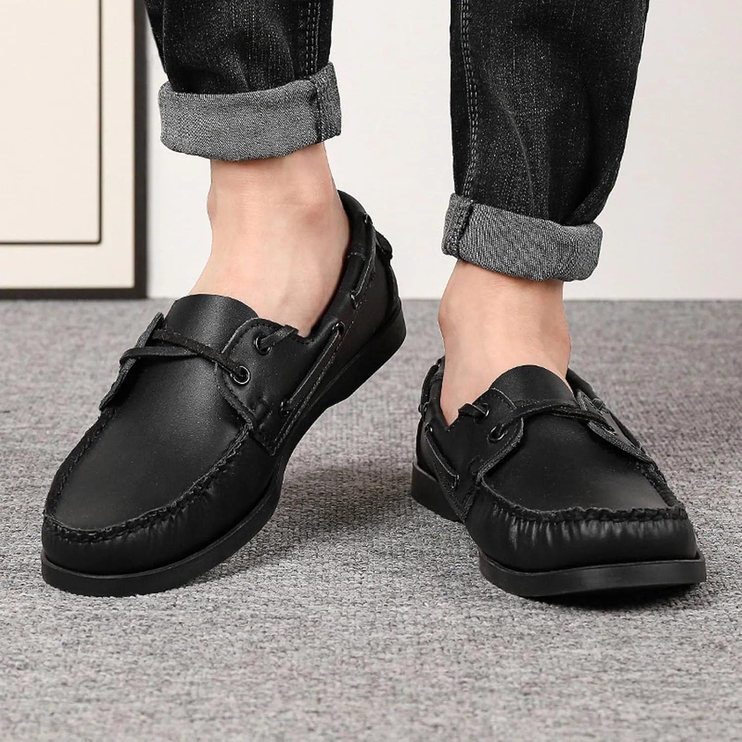 Men's Genuine Leather 2 Eye Flat Penny Loafers Oxford Breathable Slip On Closed Round Wide Toe Soft Sole Light Weight Boat Shoes Comfortable and Non-Slip Casual Driving Walking Shoes