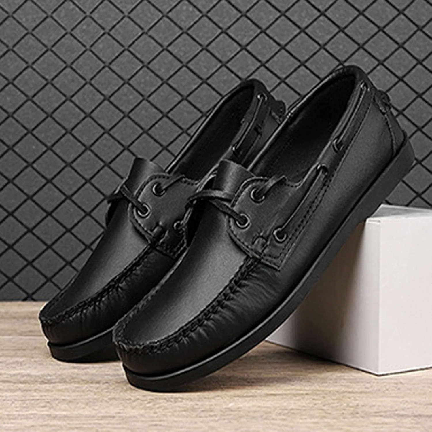 Men's Genuine Leather 2 Eye Flat Penny Loafers Oxford Breathable Slip On Closed Round Wide Toe Soft Sole Light Weight Boat Shoes Comfortable and Non-Slip Casual Driving Walking Shoes