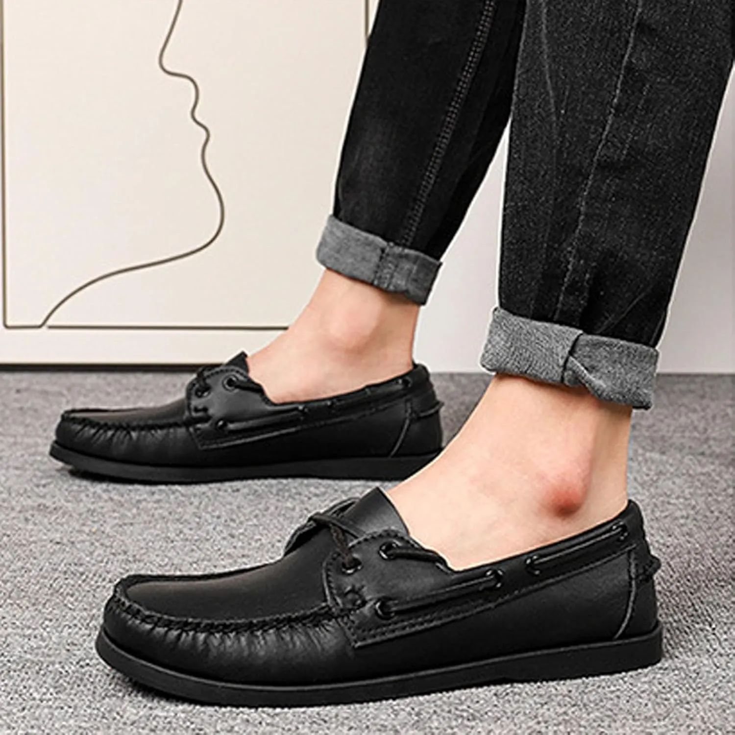 Men's Genuine Leather 2 Eye Flat Penny Loafers Oxford Breathable Slip On Closed Round Wide Toe Soft Sole Light Weight Boat Shoes Comfortable and Non-Slip Casual Driving Walking Shoes