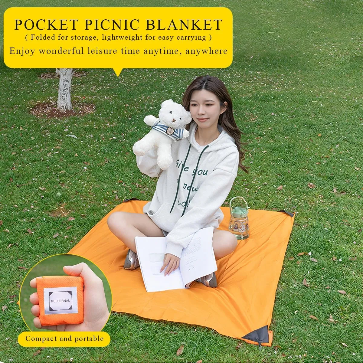 Mini Pocket Picnic Blanket with 4 Fixed Stakes Foldable Portable Picnic Mat Rug Lightweight Waterproof Beach Blanket Multifunctional Thin Ground Sheet for Camping Hiking Travel