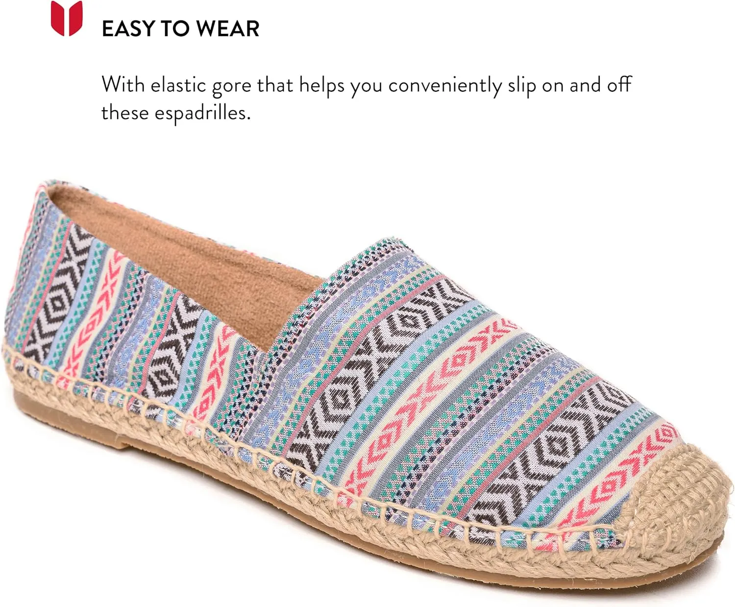 Minnetonka Women’s Pam Espadrille - Handcrafted with Microsuede Fabric Lining, MinnFLEX Rubber Outsole, Elastic Gore, Patterned Fabric Upper, and Cushion Insole