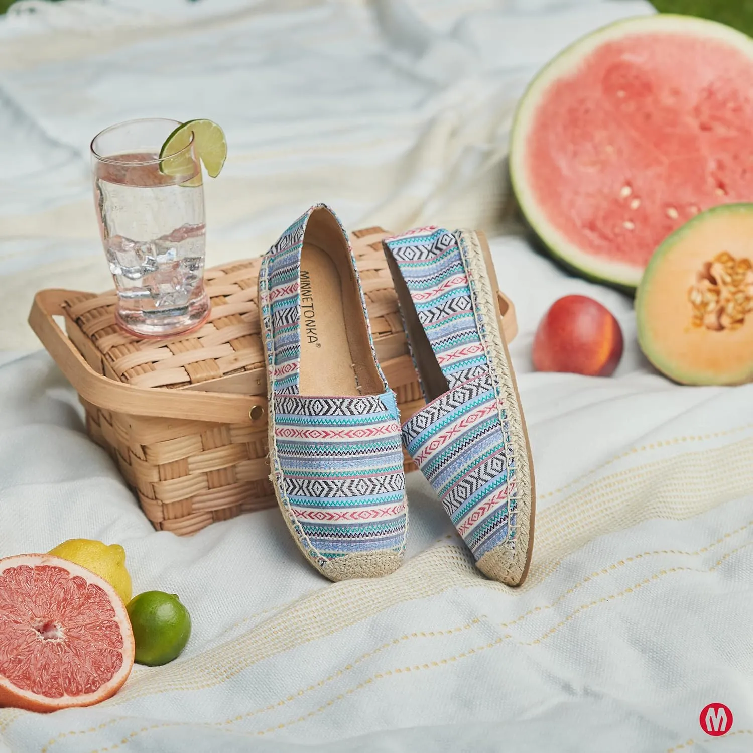 Minnetonka Women’s Pam Espadrille - Handcrafted with Microsuede Fabric Lining, MinnFLEX Rubber Outsole, Elastic Gore, Patterned Fabric Upper, and Cushion Insole