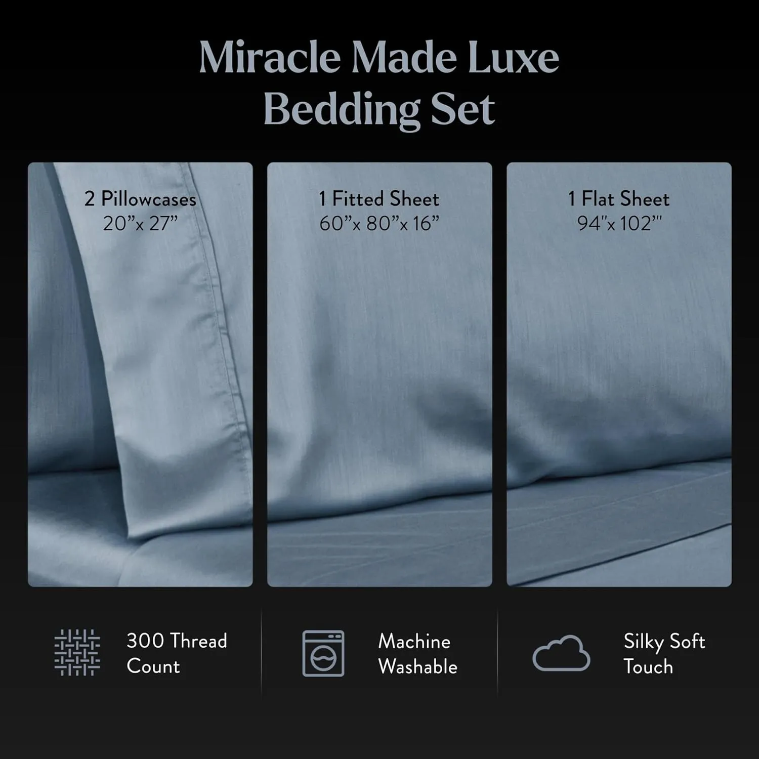Miracle Made Luxe Cooling Bed Sheets – Slate Blue Sheets – 4-Piece Silver Infused Set – 300 Thread Count – Thermoregulating Clean & Cool Fabric