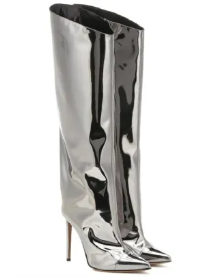 Mirror Leather Pointed High-heeled Boots