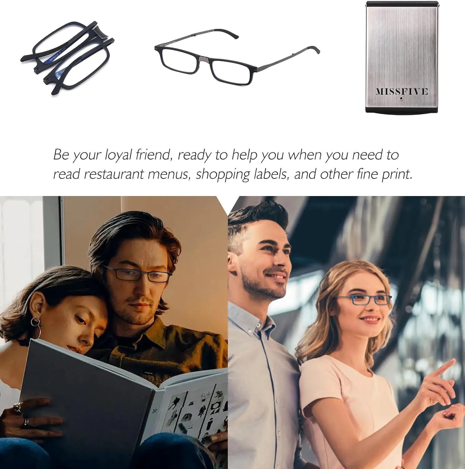 Missfive Premium Folding Reading Glasses,Ultra thin Lightweight Foldable Portable readers for Men Women,Travel Pocket Metal Case Purple 1.0x
