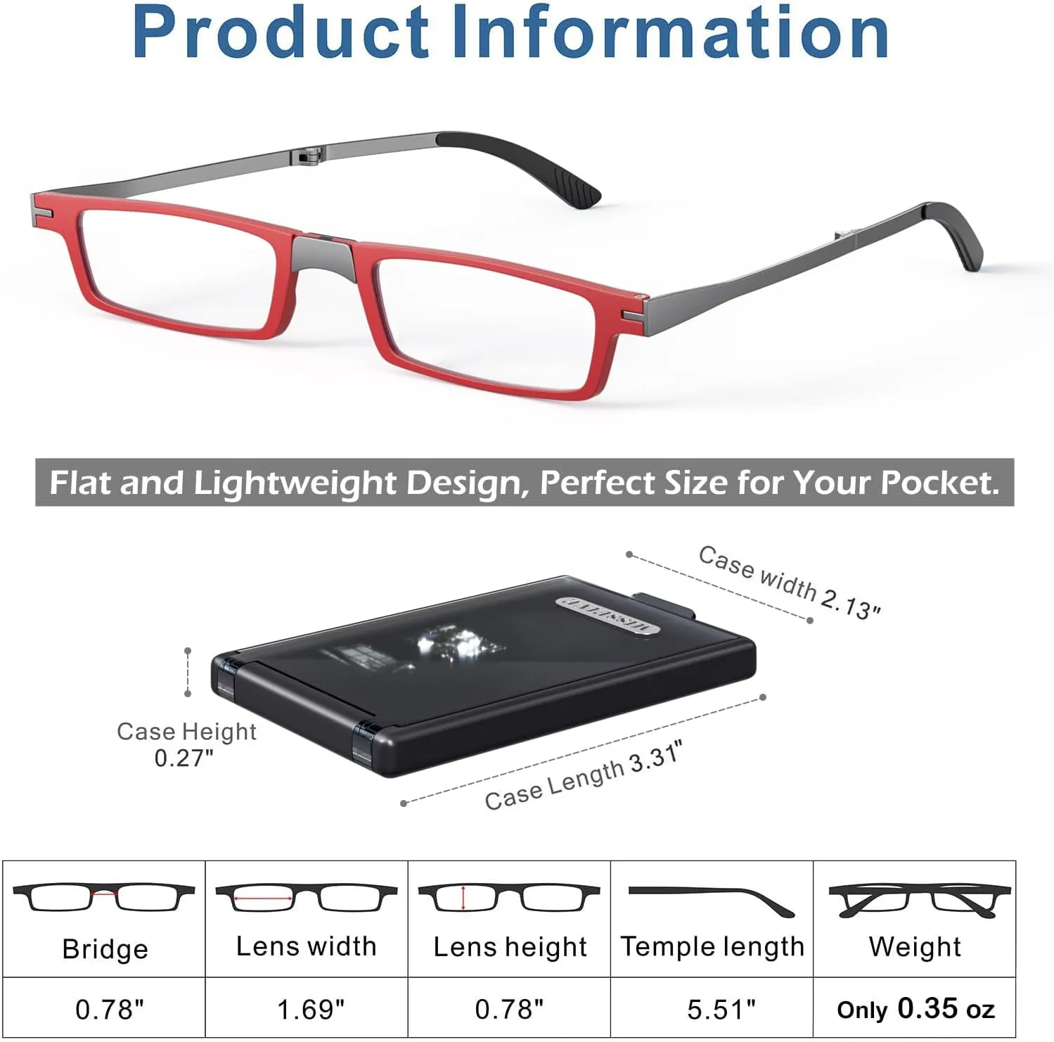 Missfive Ultra Thin Folding Reading Glasses for Women Pocket   Portable Flat Hard Case, Designer Foldable Lightweight Readers Durable TR90 Metal Frame, Slim Collapsible Travel Eyeglasses,Red,1.5x