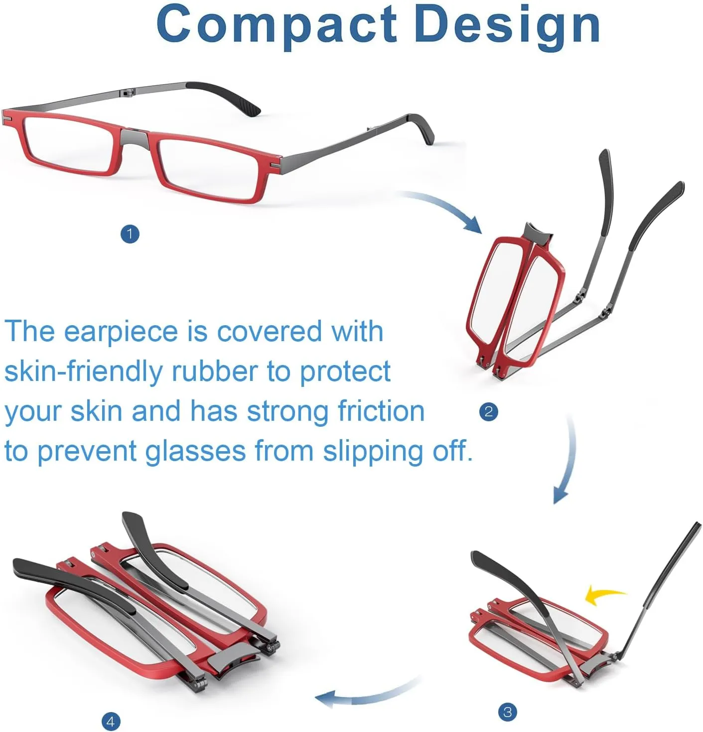 Missfive Ultra Thin Folding Reading Glasses for Women Pocket   Portable Flat Hard Case, Designer Foldable Lightweight Readers Durable TR90 Metal Frame, Slim Collapsible Travel Eyeglasses,Red,1.5x