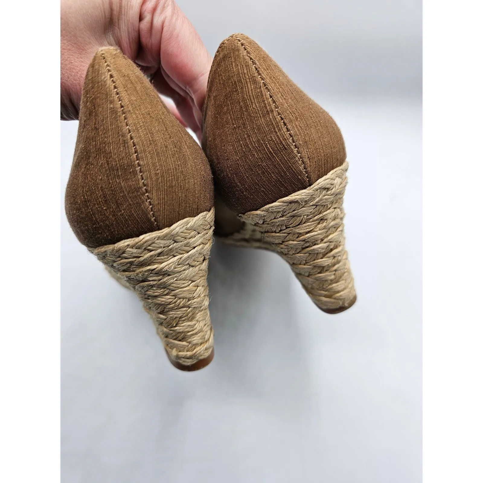 Moda Spana Womens Sz 8.5 Peep Toe Wedge Heels Espadrille Brown Bow