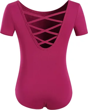 MOLLDAN Girls Dance Ballet Leotards Short Sleeve Criss Cross Straps Back