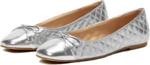 MOOMMO Women Cap Toe Flats Bow Slip On Ballet Flats Comfort Quilted Metallic Flat Shoes Round Toe Flat Heel Dress Shoes Office Ladies Party Chic Driver Flats Cute Quilted Silver Size 9.5 M US