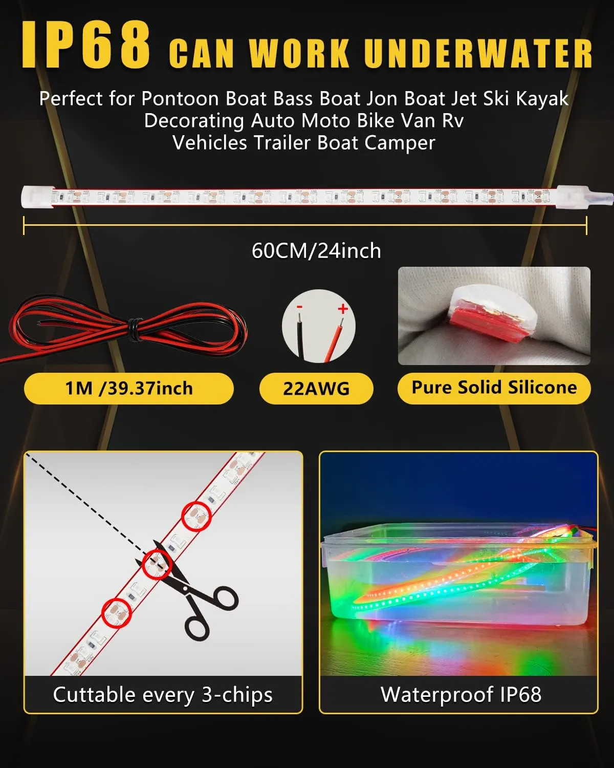 Navigation LED Light Strip for Pontoon, Jon, Kayak, Motor, Bass Boat, Jet Ski - Bow and Stern Underwater Marine Night Fishing Lighting - Red and Green IP68 Waterproof 12V 60cm 24inch