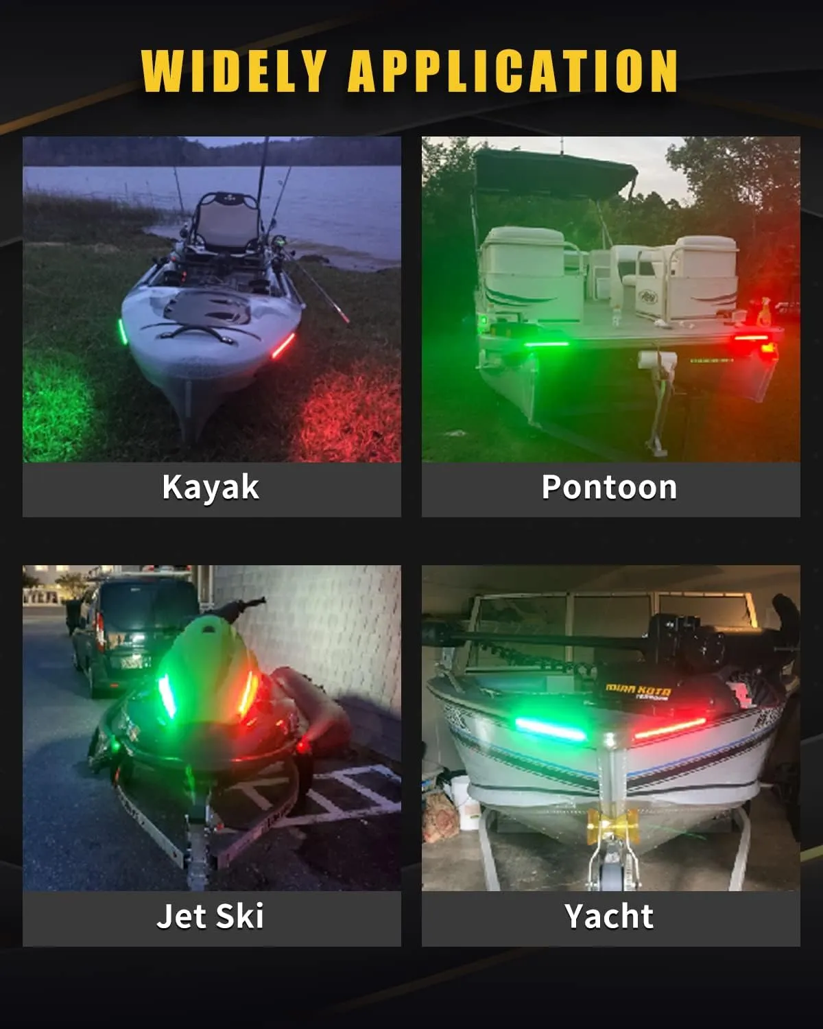 Navigation LED Light Strip for Pontoon, Jon, Kayak, Motor, Bass Boat, Jet Ski - Bow and Stern Underwater Marine Night Fishing Lighting - Red and Green IP68 Waterproof 12V 60cm 24inch