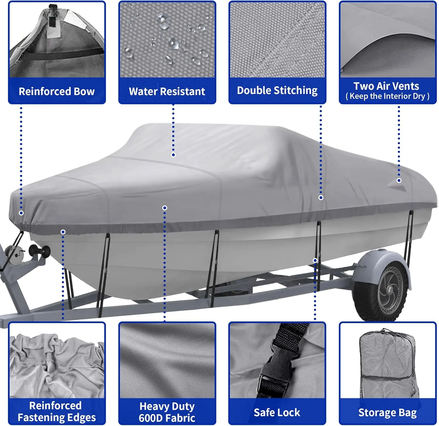 NEXCOVER Trailerable Boat Cover, Length: 16’-18.5’ Beam Width: up to 94”, Waterproof Heavy Duty Cover, Fits V-Hull, TRI-Hull, Runabout, Pro-Style, Bass Boat, Storage Bag & Tightening Straps Included.