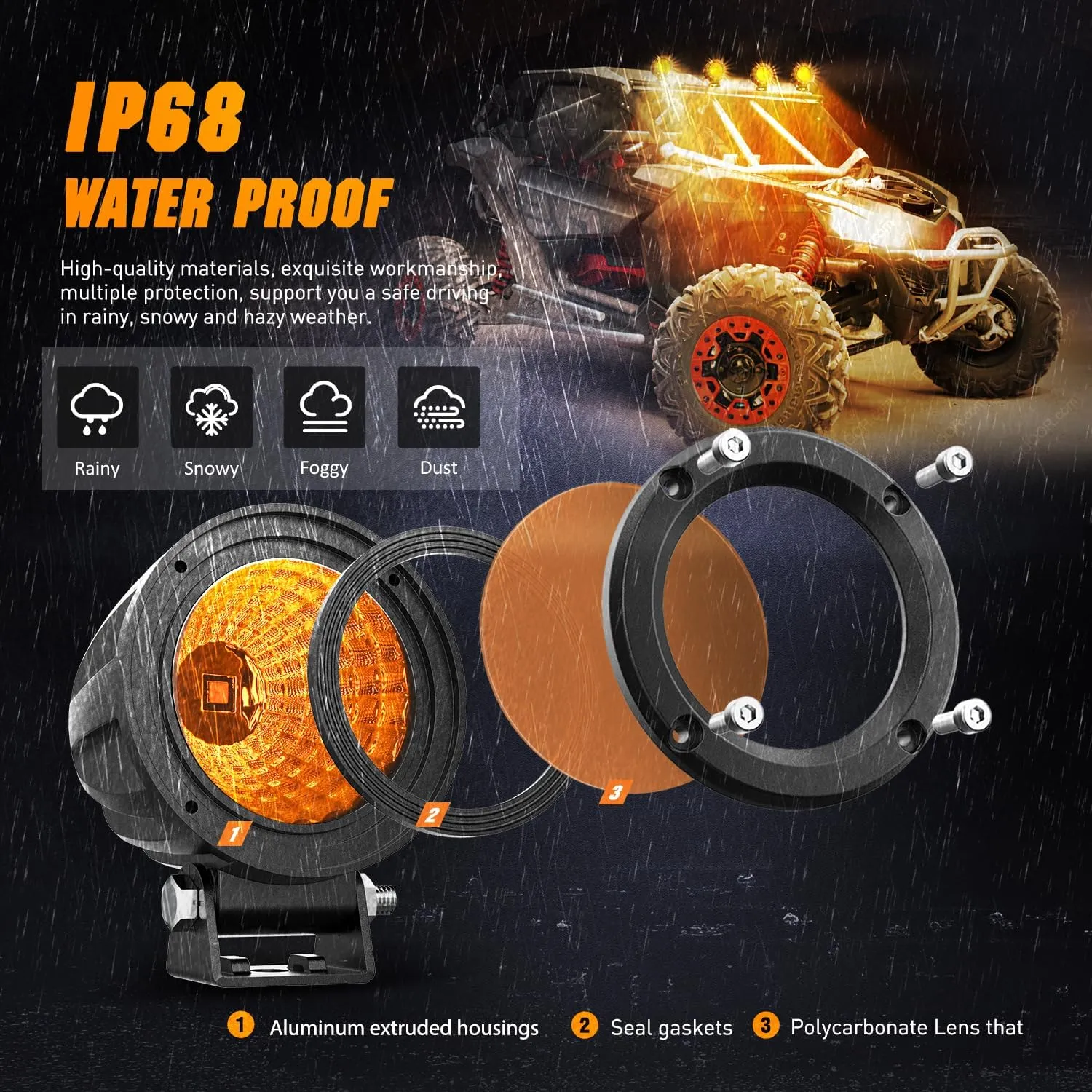 Nilight Amber LED Light Pods 2 PCS 3" Flood Round Offroad Driving Auxiliary Fog Lights Built-in EMC w/18AWG DT Wiring Harness Kit for Motorcycle SUV ATV Truck Boat