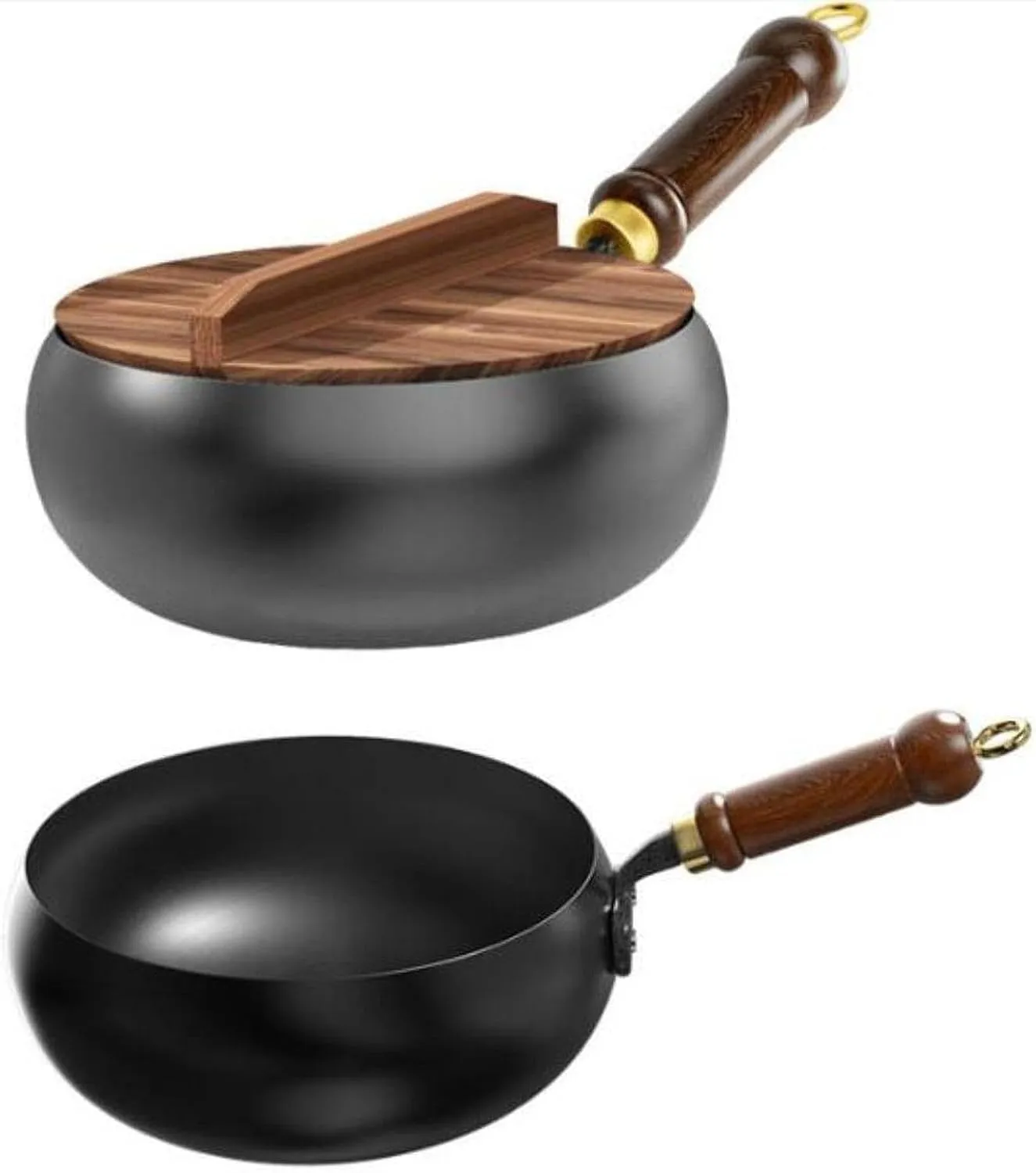 Nonstick Skillet Cooking Wok with Wood Handle and Flat Bottom Gas Cookware Induction Cooker Chinese Stir Deep Frying Pan Steak Pancakes Pan for Restaurant Camping Hotel, glass lid