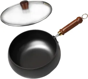 Nonstick Skillet Cooking Wok with Wood Handle and Flat Bottom Gas Cookware Induction Cooker Chinese Stir Deep Frying Pan Steak Pancakes Pan for Restaurant Camping Hotel, glass lid