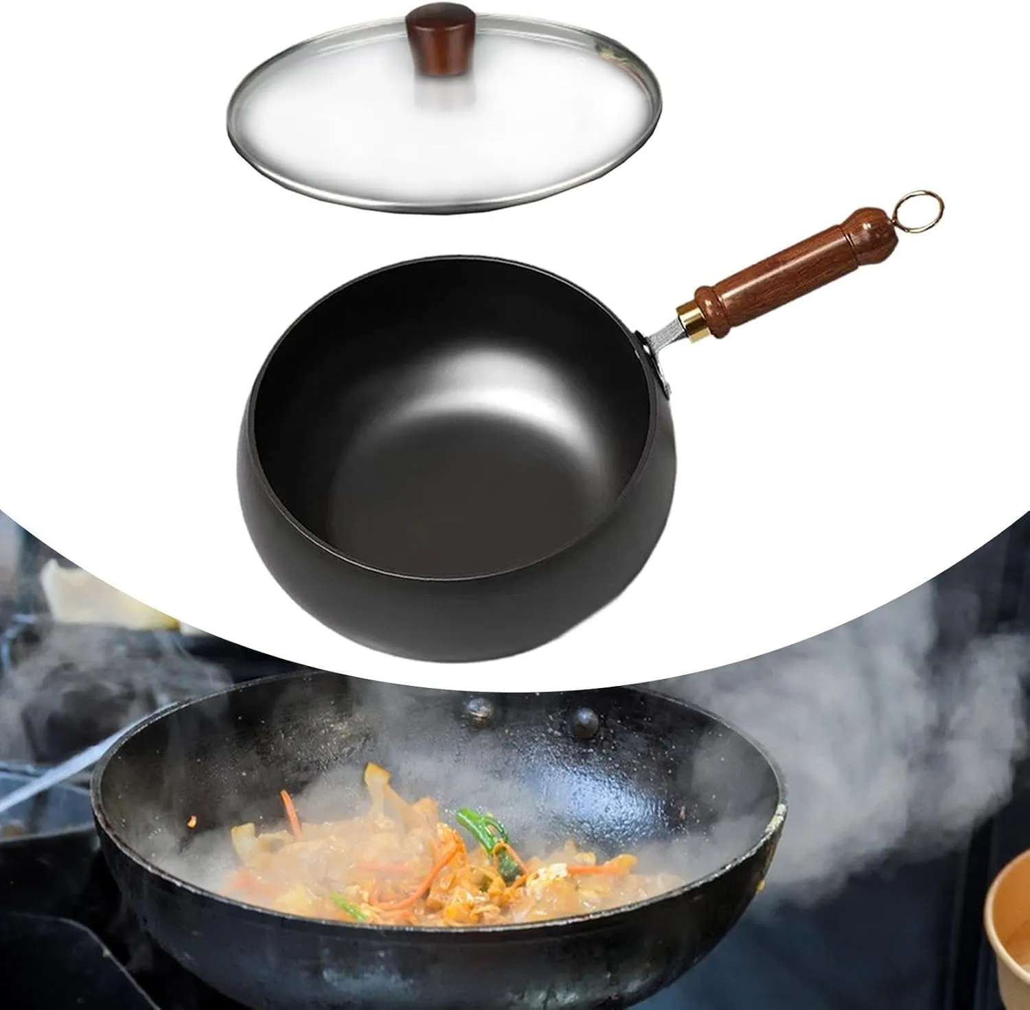 Nonstick Skillet Cooking Wok with Wood Handle and Flat Bottom Gas Cookware Induction Cooker Chinese Stir Deep Frying Pan Steak Pancakes Pan for Restaurant Camping Hotel, glass lid