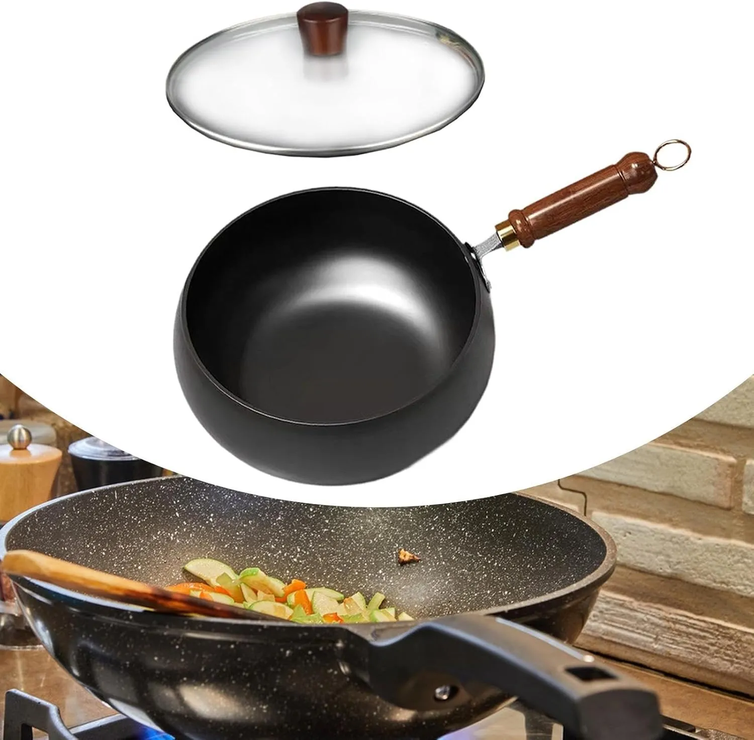 Nonstick Skillet Cooking Wok with Wood Handle and Flat Bottom Gas Cookware Induction Cooker Chinese Stir Deep Frying Pan Steak Pancakes Pan for Restaurant Camping Hotel, glass lid