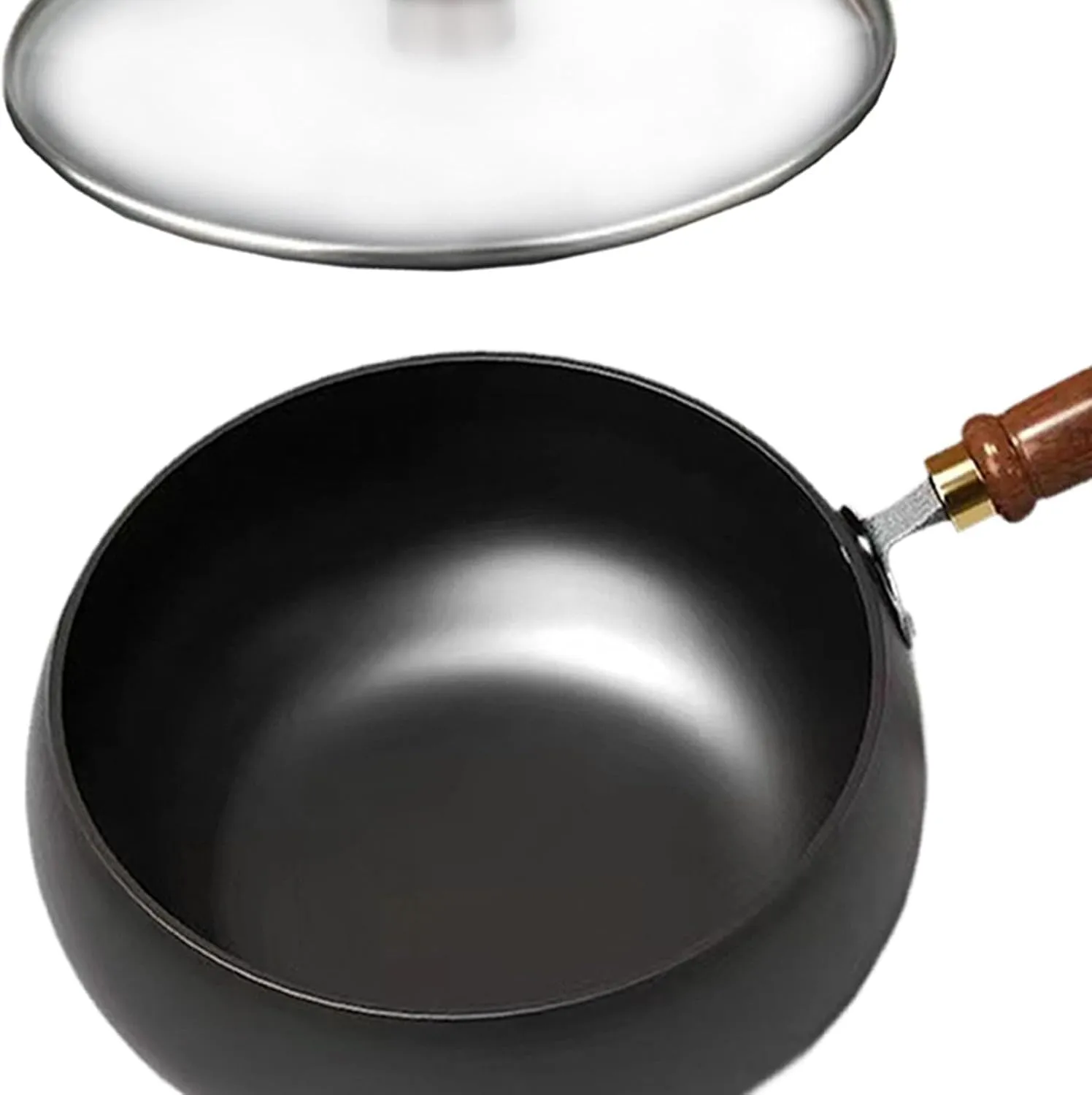 Nonstick Skillet Cooking Wok with Wood Handle and Flat Bottom Gas Cookware Induction Cooker Chinese Stir Deep Frying Pan Steak Pancakes Pan for Restaurant Camping Hotel, glass lid