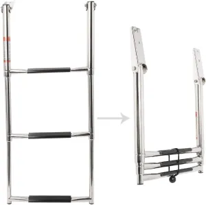 NovelBee 3/4/5 Step 14" Centrum Width Ladder Stainless Steel Telescoping Drop Heavy Duty Ladder with Elastic Strap and Mounting Screws for Boat Marine Yacht (3 Step Ladder)