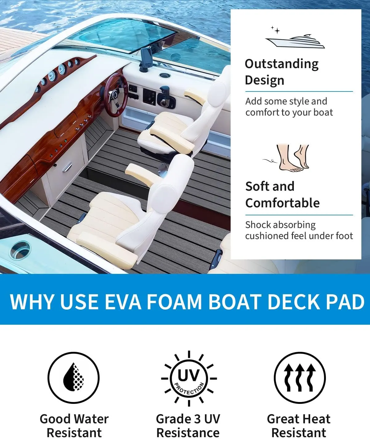 OCEANBROAD EVA Foam Boat Flooring with 3M Adhesive Backing Marine Self-Adhesive Decking 96''x45.6''/36''/28.8''/16.8'', 48''x16.8'' Faux Teak Sheet for Jon Boats Swim Platform Helm Pad RV Floor
