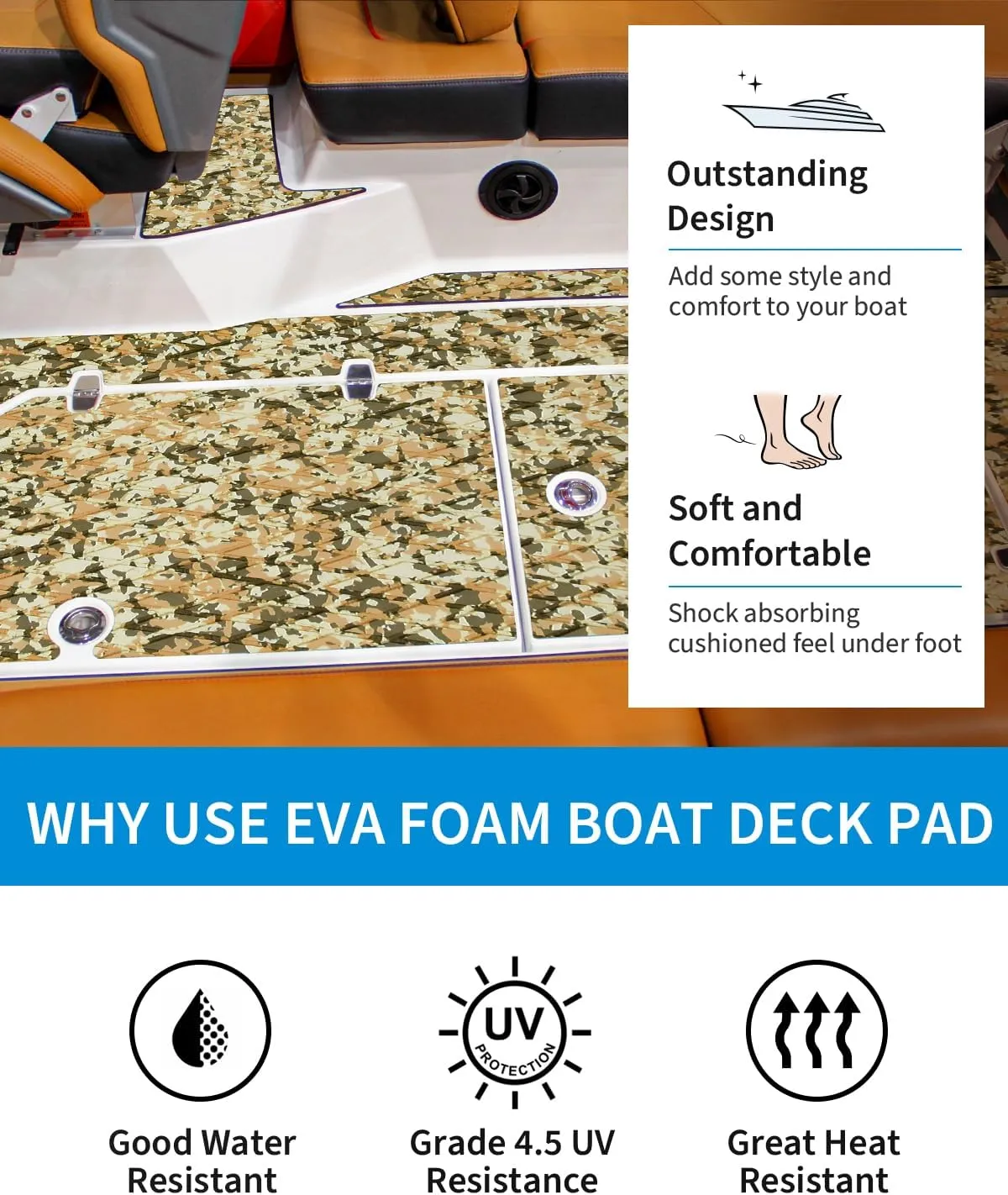 OCEANBROAD Self-Adhesive 96''x16''/23''/38''/47'' Camouflage Boat Flooring Non-Slip Traction Pad EVA Foam Sheet for Jon Boat Surfboard SUP Board Kayak, Camo Black/Blue/Green/Brown/Yellow/Gray