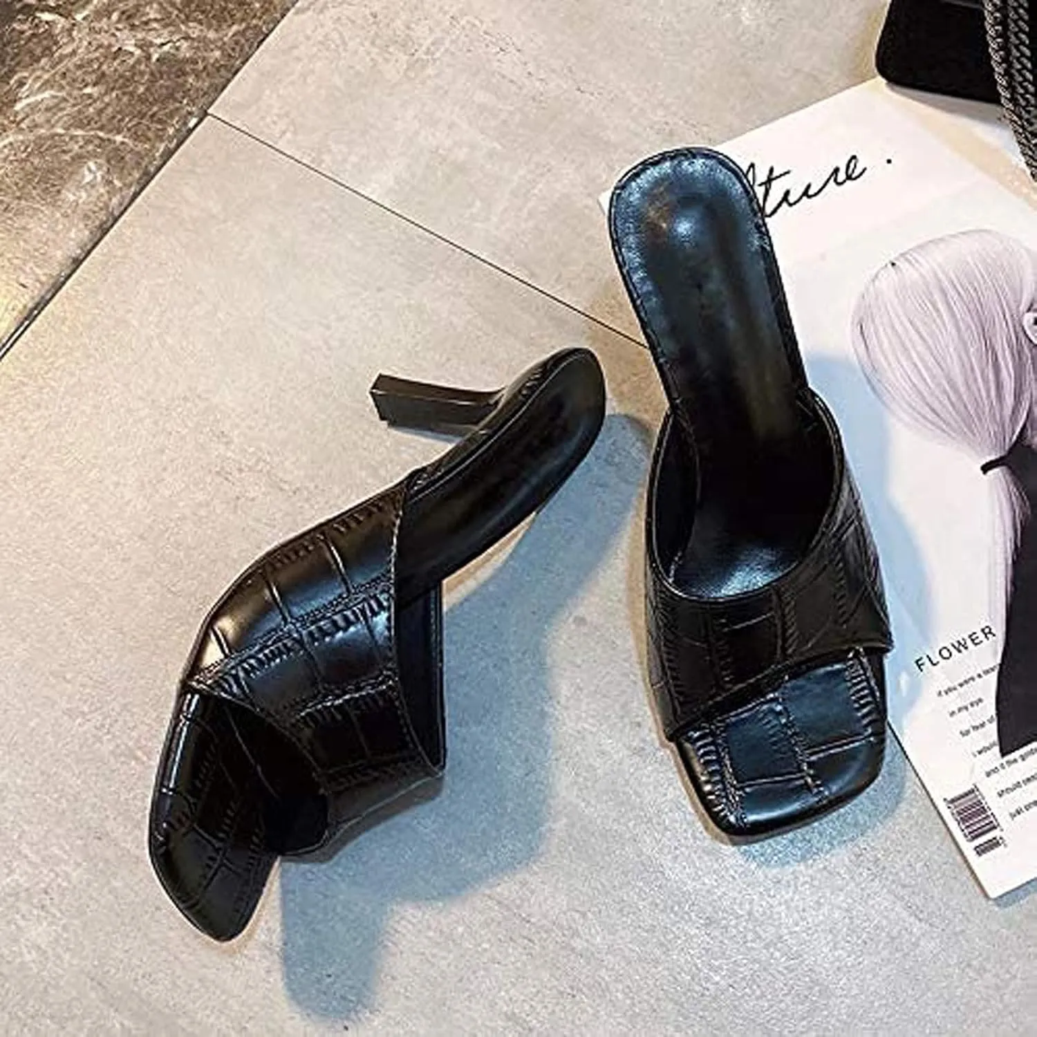 oiangi Womens Slip on Stiletto Sandals Summer Square Toe Fish Mouth Open Toe Thin Heel High Heels Slipper Solid Color Comfortable Casual Ladies Shoes