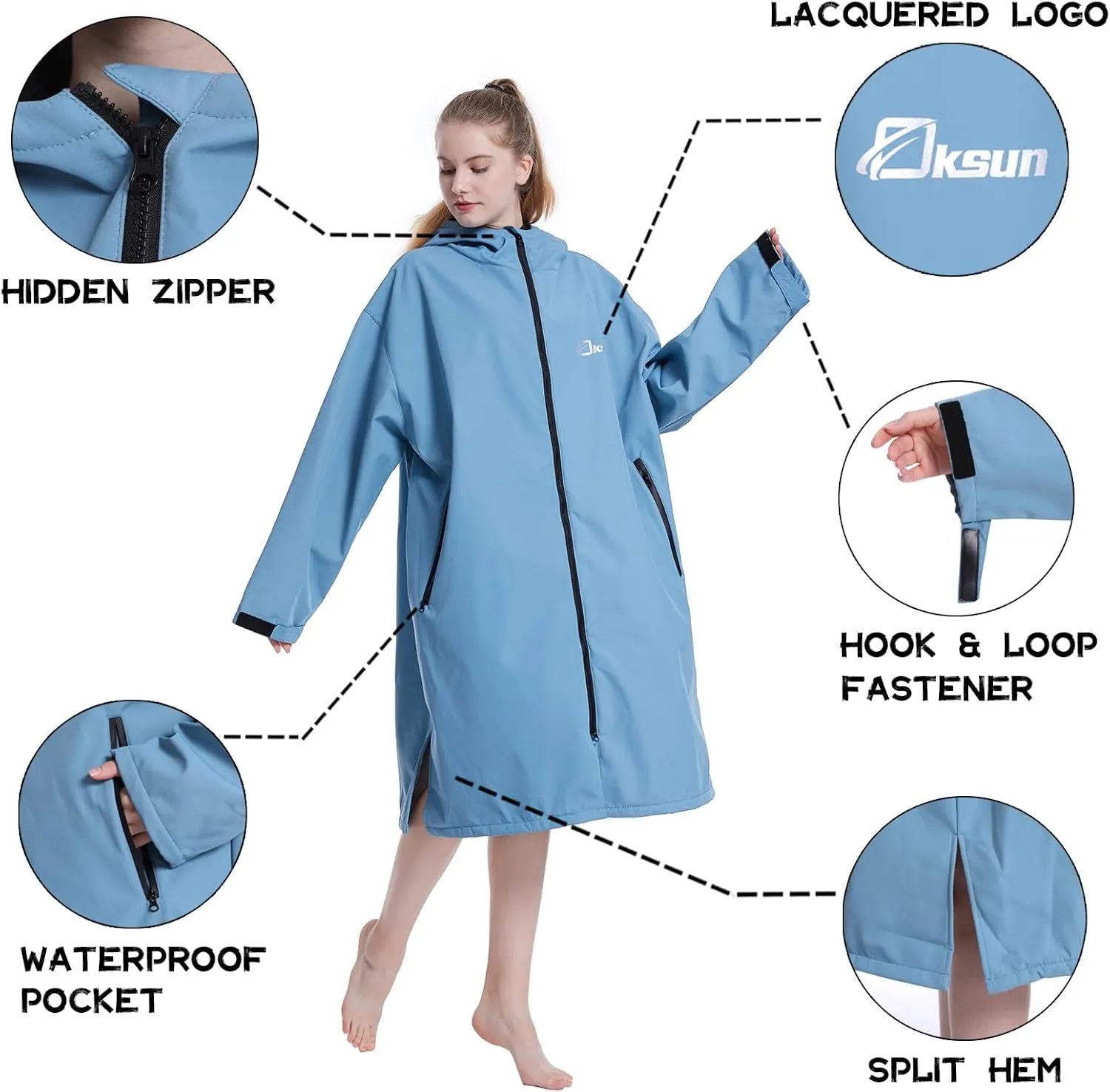 Oksun Oversized Waterproof Swim Parka: Windproof Warm Swimming Coat - Water Resistant Jacket - Thin Fleece Lined Surf Poncho