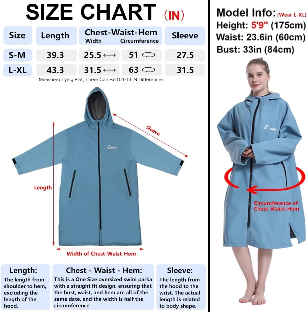 Oksun Oversized Waterproof Swim Parka: Windproof Warm Swimming Coat - Water Resistant Jacket - Thin Fleece Lined Surf Poncho