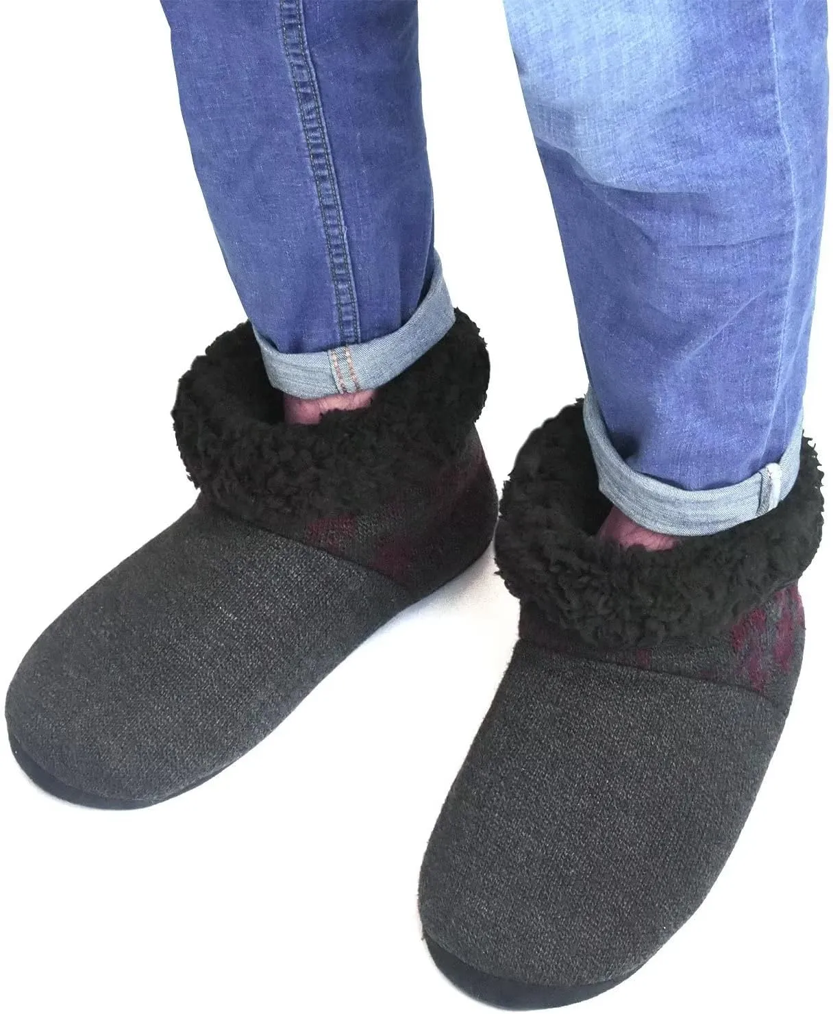 ONCAI Men’s-Slipper-Boots-Winter-Fleece-House-Slippers Knitted Indoor Flat Warm Wool Booties Pull On Memory Foam Outdoor Non-Slip Ankle Bedroom Boot Slippers with Soft Rubber Sole