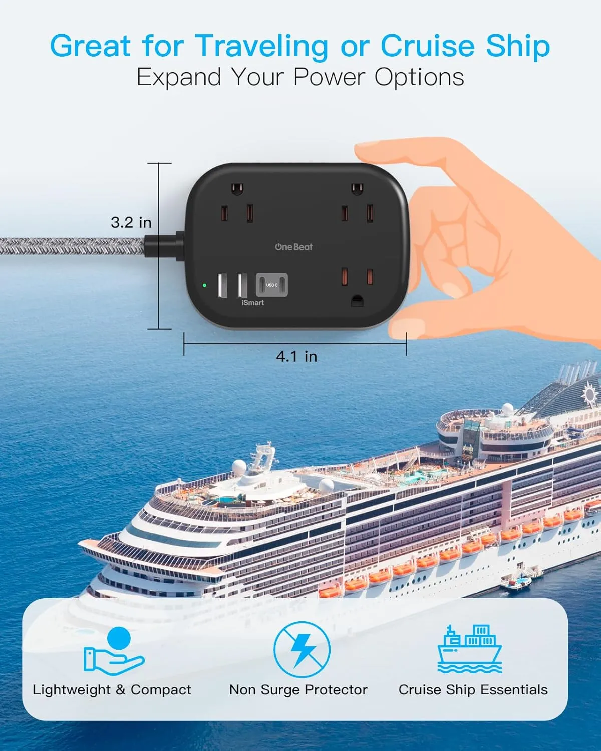 One Beat Cruise Ship Essentials,Travel Power Strip with USB C,Flat Plug Extension Cord 10 FT with 3 Outlets 4 USB Ports(2 USB C),Desk Wall Outlet Extender,Non Surge Protector for Cruise,Dorm Room,ETL