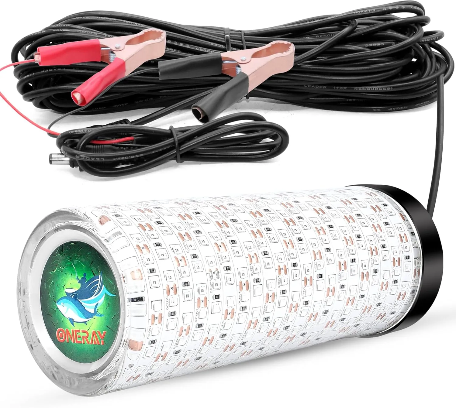 ONERAY LED Fishing Light, 30000LM Green Night Fishing Finder, 50FT Wire Glowing Fish Attractor, IP68 Submersible Boat Lights with Battery Clips Cigarette Charger Plug