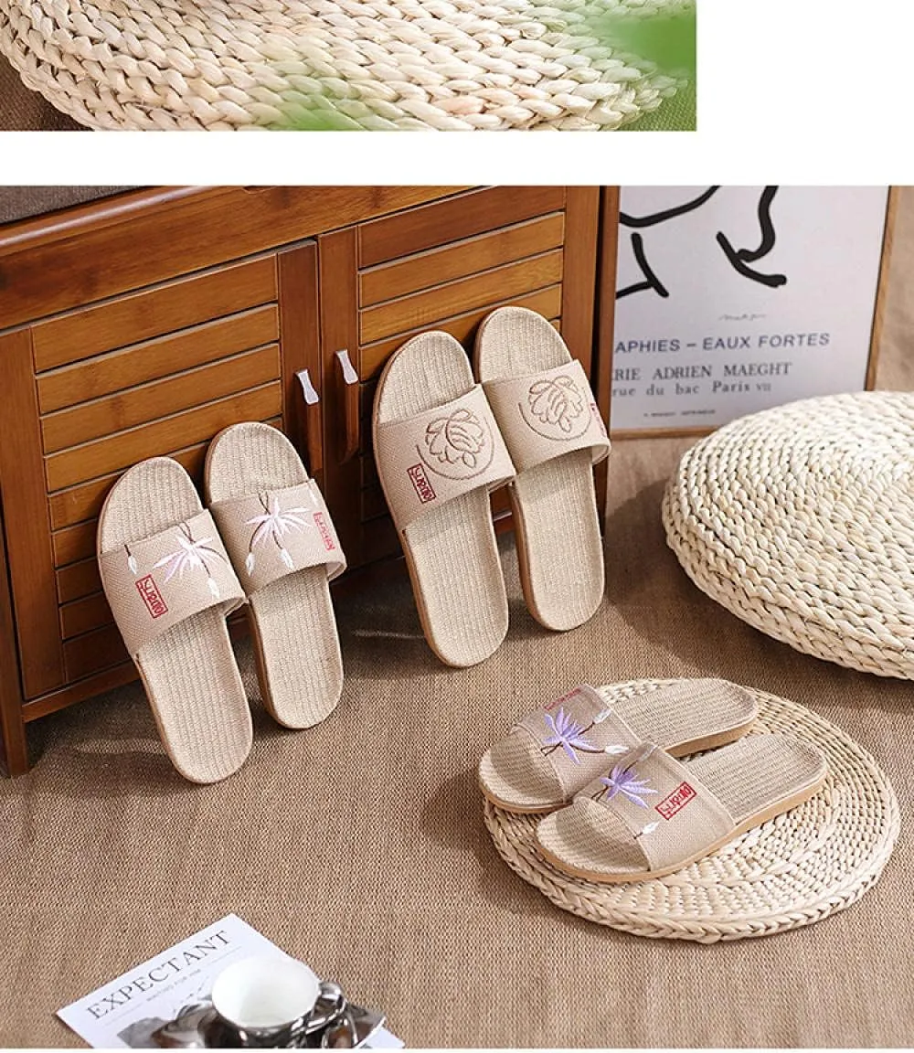 Open Toe Slipper Slidesembroidered Open-Toe Home Slippers Couple Fabric Light Linen Slippers Men and Women Home Slippers-E_10 (A 8 US)