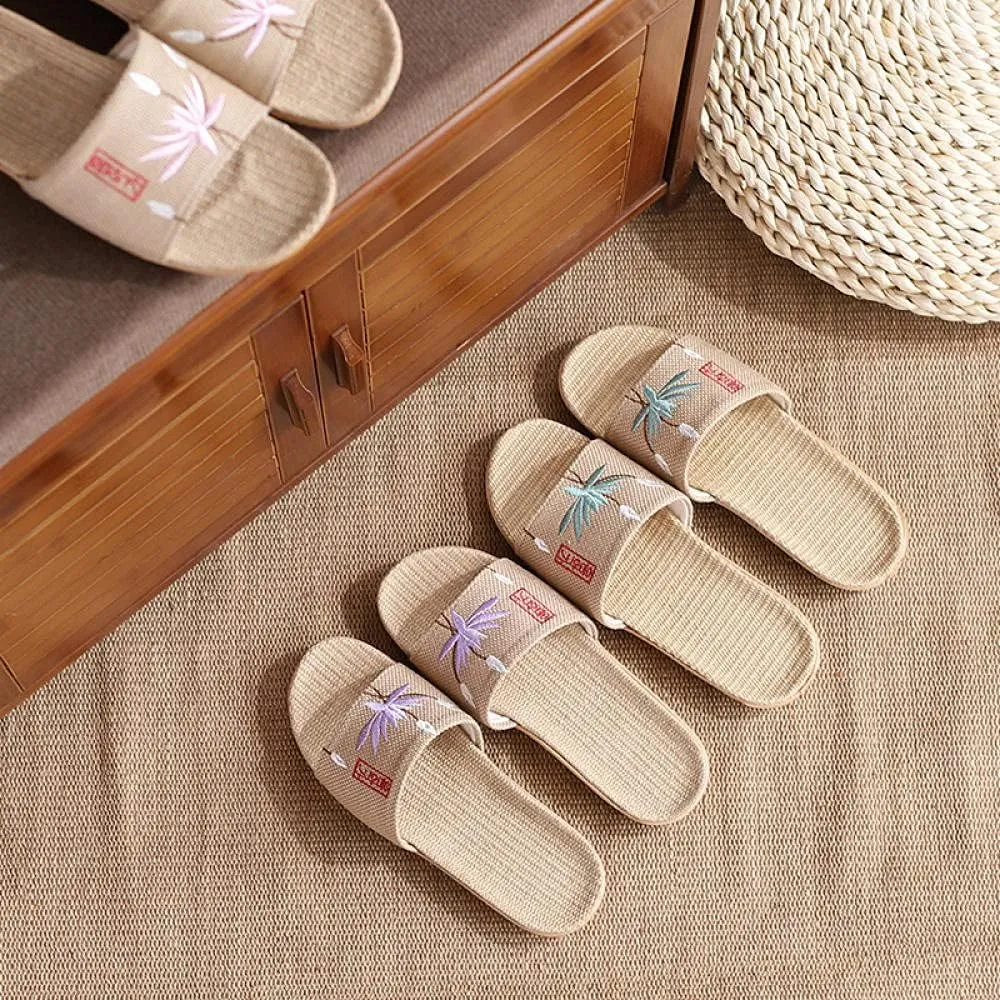 Open Toe Slipper Slidesembroidered Open-Toe Home Slippers Couple Fabric Light Linen Slippers Men and Women Home Slippers-E_10 (A 8 US)