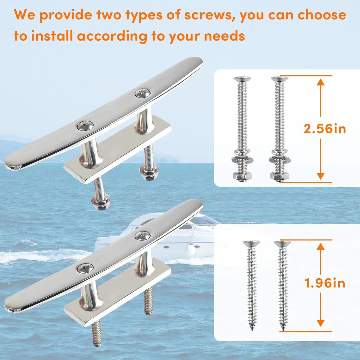 ORLANG 4 Inch/5 Inch/6Inch/8 Inch/10 Inch 316 Stainless Steel Boat Cleats,Open Base Dock Cleats with Installation Screws,Boat Dock Cleats Rope Cleat for Boat Docks,Decks or Nautical Decor (2/4 Pack)