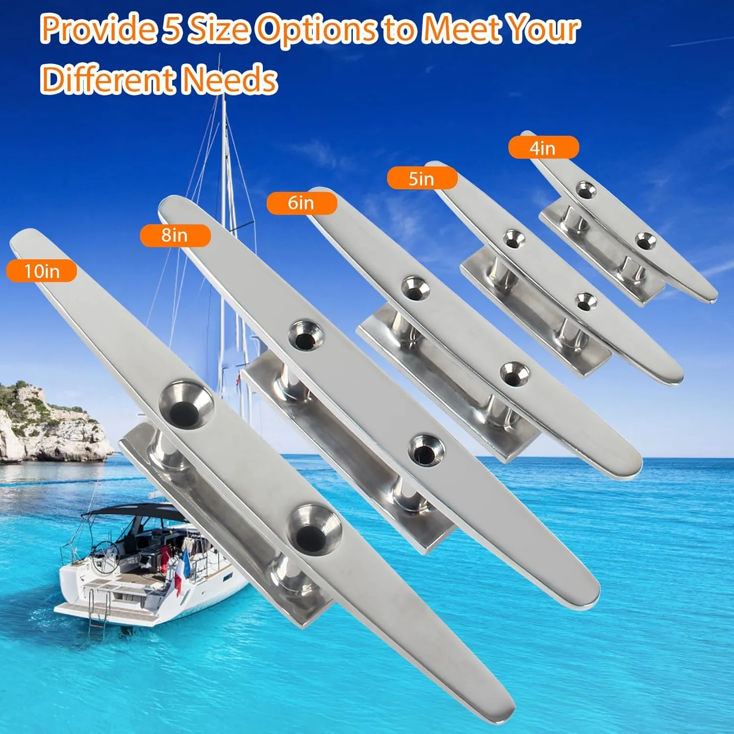 ORLANG 4 Inch/5 Inch/6Inch/8 Inch/10 Inch 316 Stainless Steel Boat Cleats,Open Base Dock Cleats with Installation Screws,Boat Dock Cleats Rope Cleat for Boat Docks,Decks or Nautical Decor (2/4 Pack)