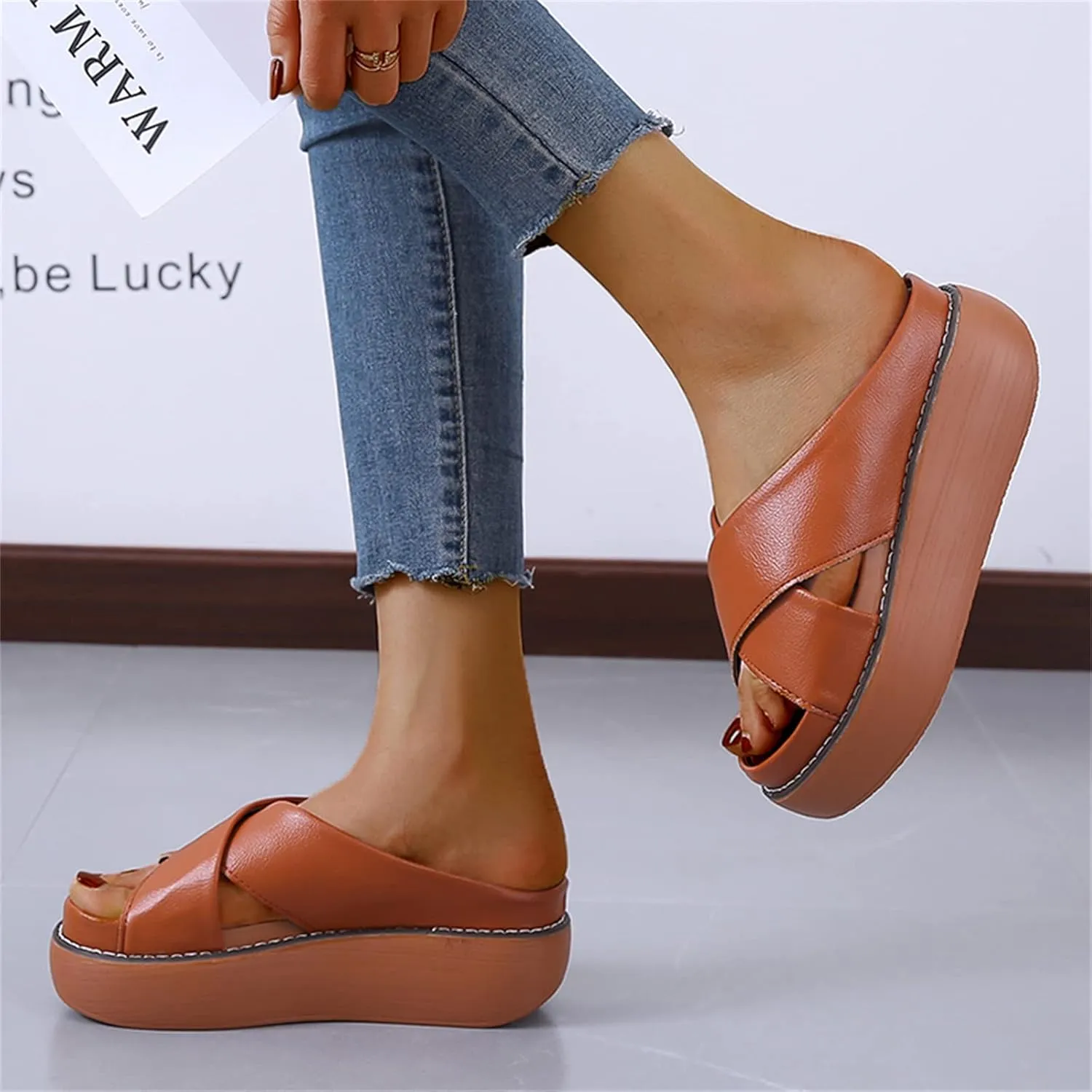 ORNVEION Women's Leather Platform Wedge Heel Sandals,Comfy Soft Fashion Open Toe Slip-on Casual Outdoor Beach Slipper