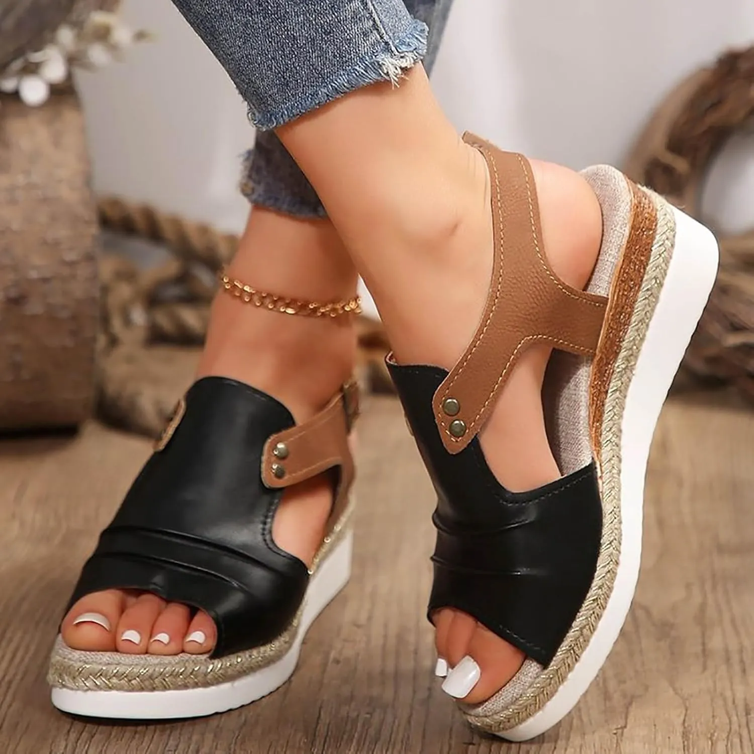 Orthopedic Wedge Sandals for Women Dressy Summer Platform Espadrilles Open Toe Ankle Strap Sandals Womens Casual Strappy Beach Vacation Sandals Comfortable Walking Outdoor Shoes
