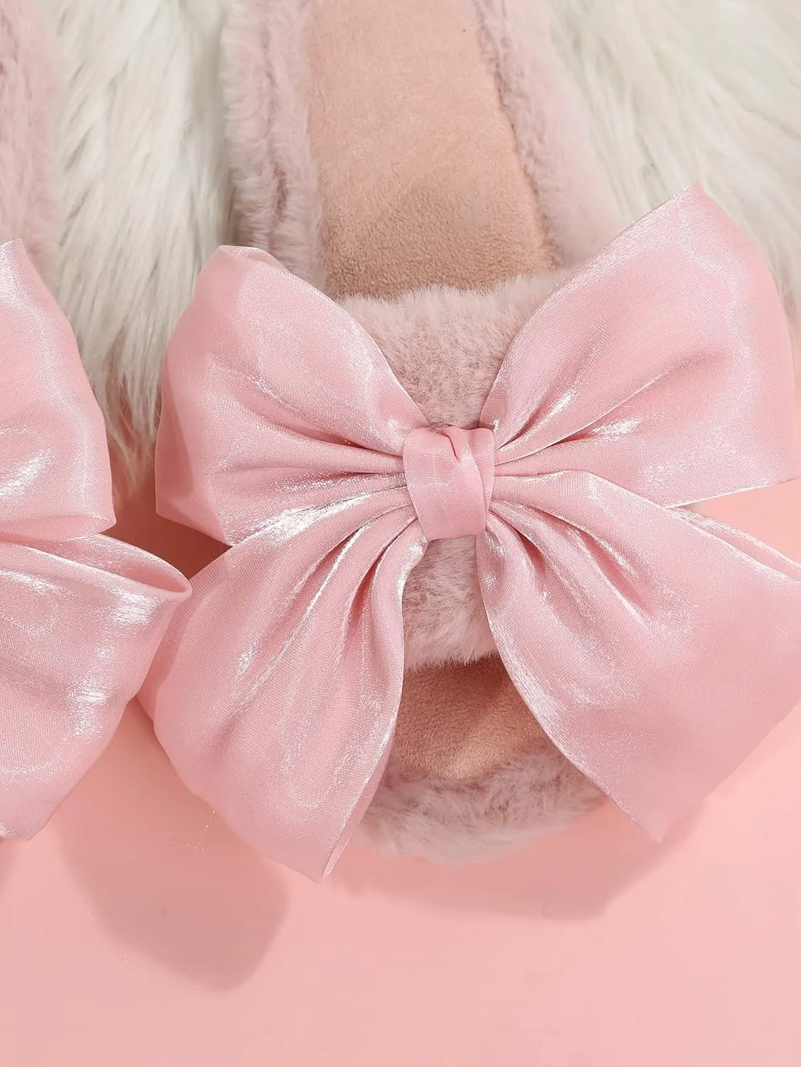 OYOANGLE Women's Cute Bow Decor Solid Slippers Fashion Home Slippers Open Toe Furry Bedroom Slipper