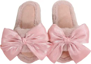 OYOANGLE Women's Cute Bow Decor Solid Slippers Fashion Home Slippers Open Toe Furry Bedroom Slipper