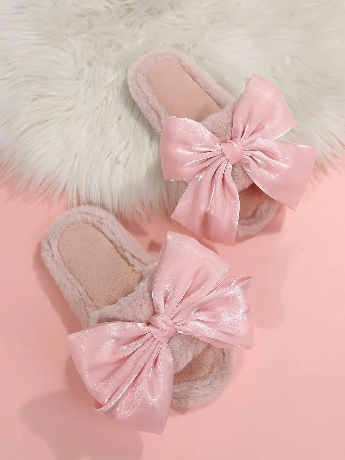 OYOANGLE Women's Cute Bow Decor Solid Slippers Fashion Home Slippers Open Toe Furry Bedroom Slipper